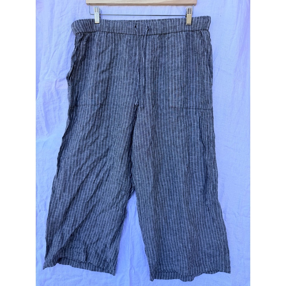 Eileen Fisher Linen Blend Pinstripe Wide Leg Cropped Pants Grey White Large